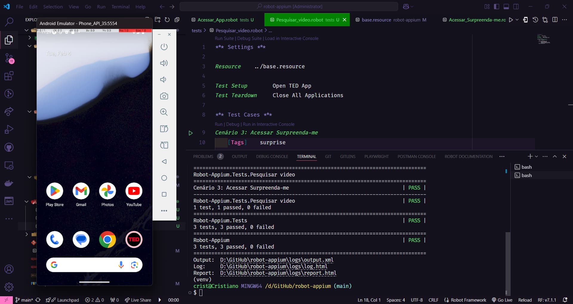 Preview do projeto Robot Appium